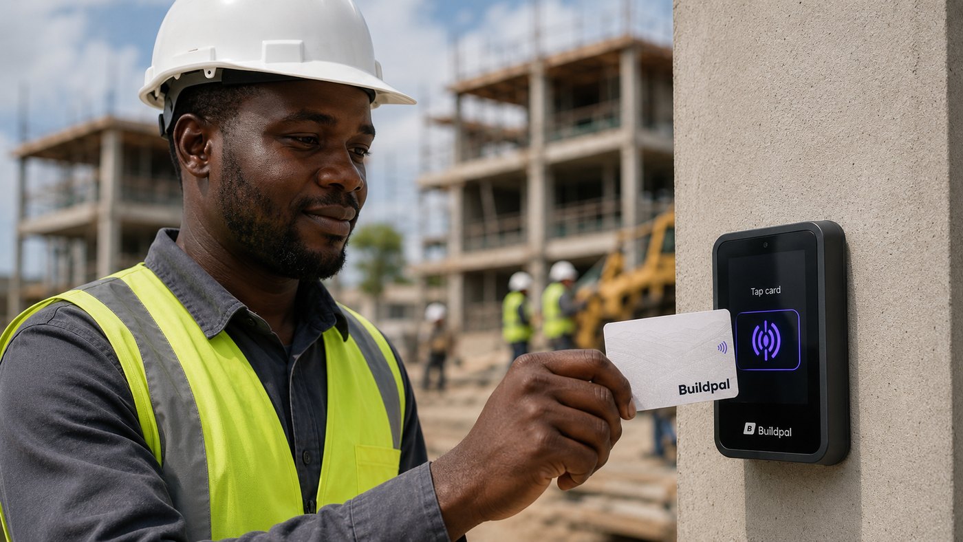 A site worker checking in with a Buildpal card reader